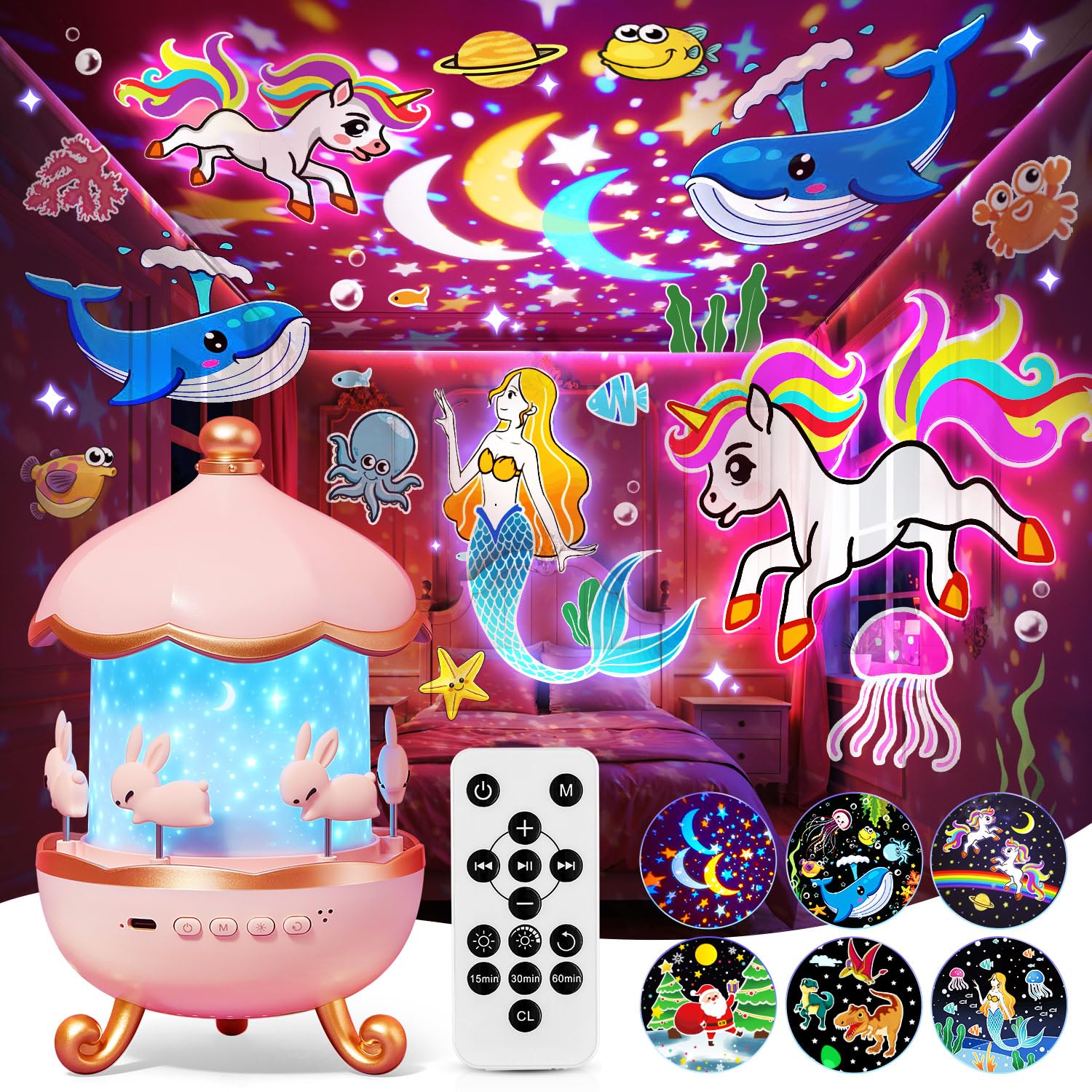 One Fire princess night light projector shows 315 colors for dreamy bedtimes.