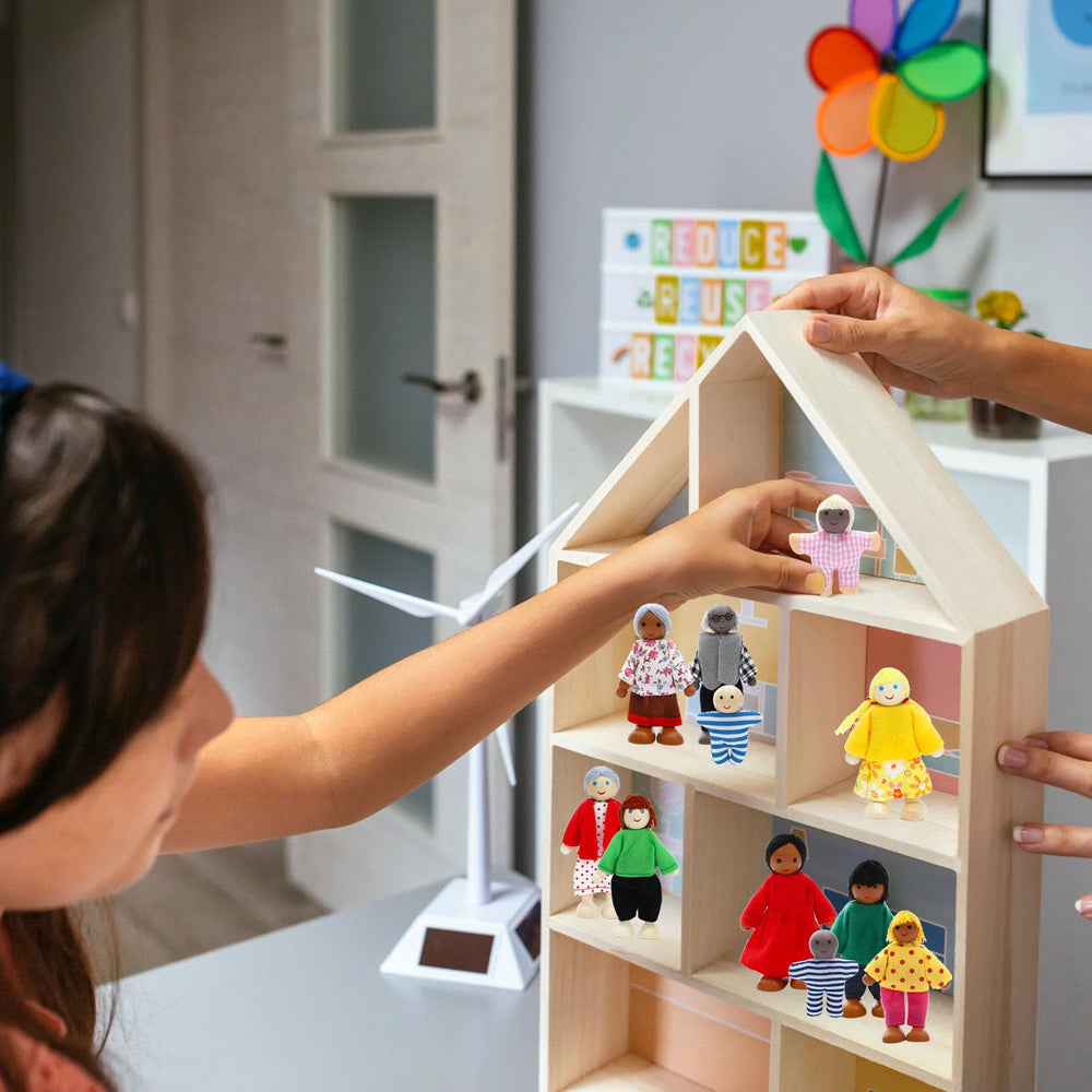 ONEST wooden dollhouse family in soft clothes for cozy play