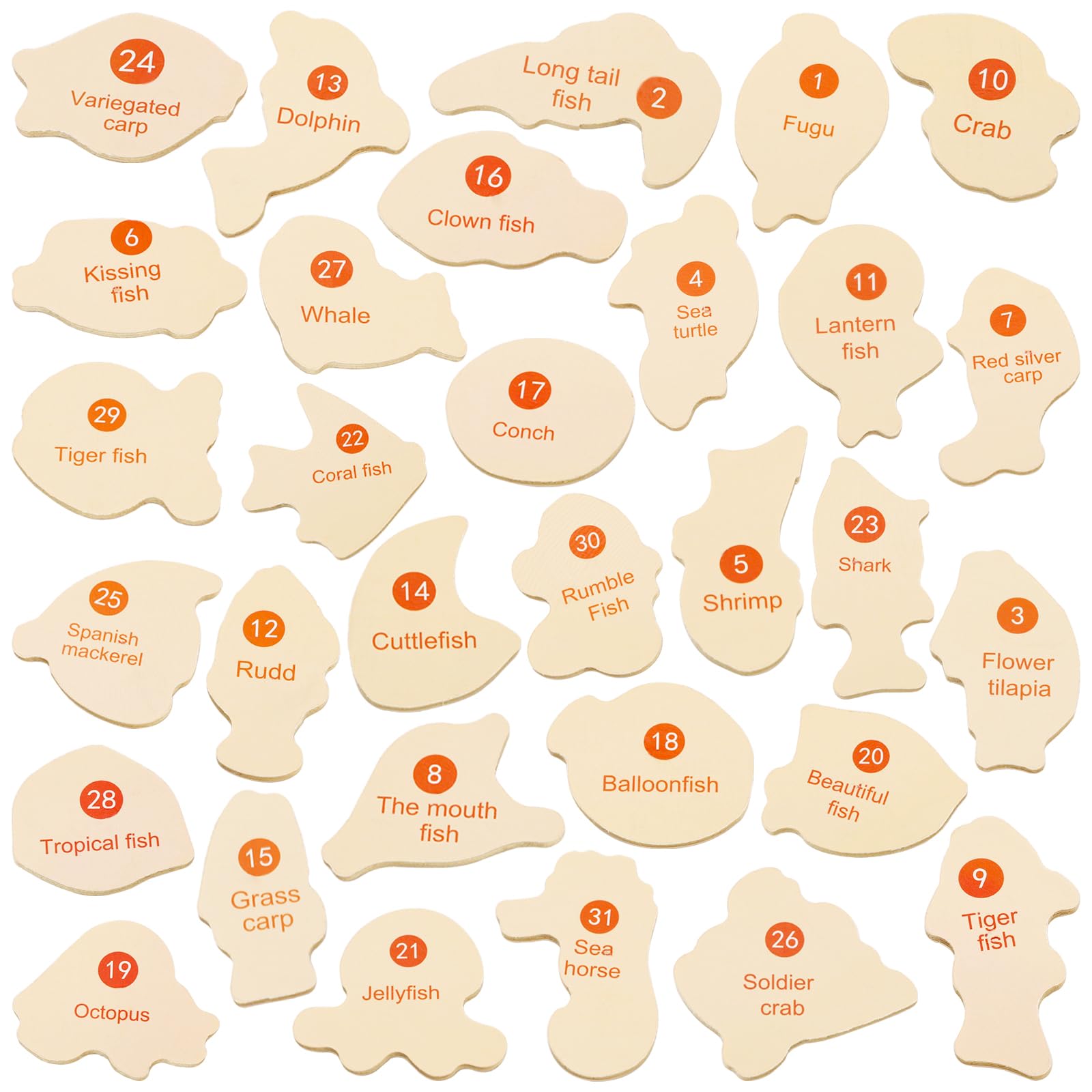 ONEST wooden fish pieces in bright colors for imaginative play and recognition.
