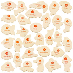 ONEST wooden fish pieces in bright colors for imaginative play and recognition.
