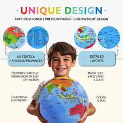 OneZa globe shows US states and Canadian provinces legend for geography exploration