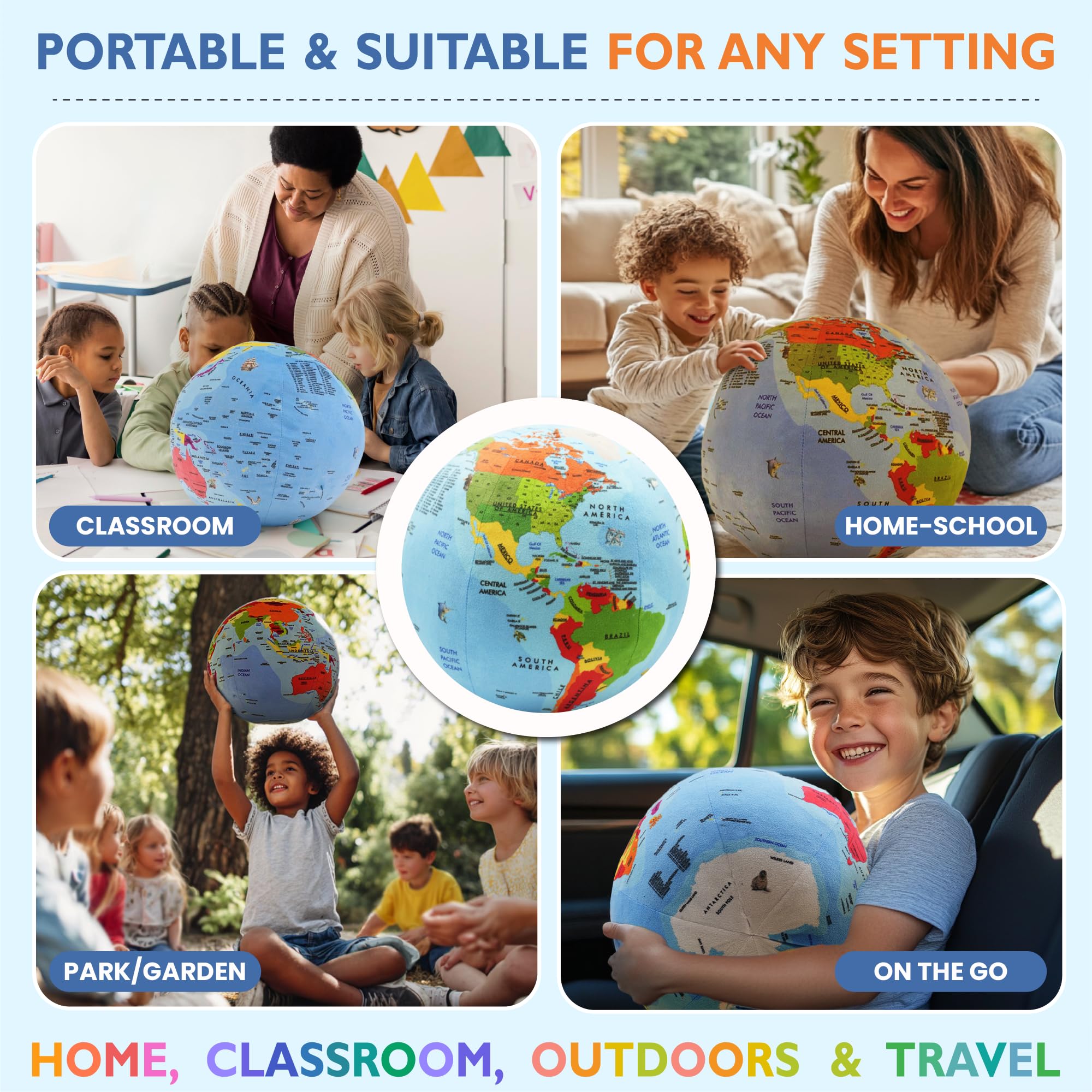 OneZa soft fabric globe is durable and safe for squeezes and play