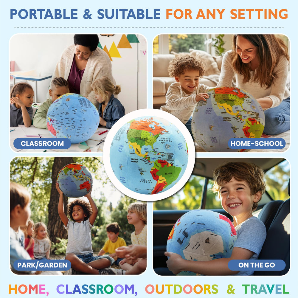 OneZa soft fabric globe is durable and safe for squeezes and play