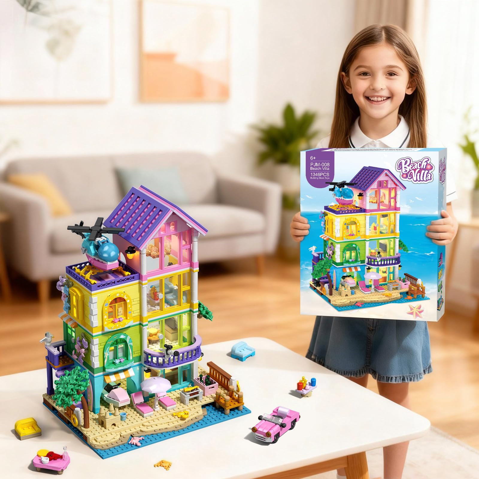 ONIMISC Beach House Building Set balcony and telescope inspire exploration.