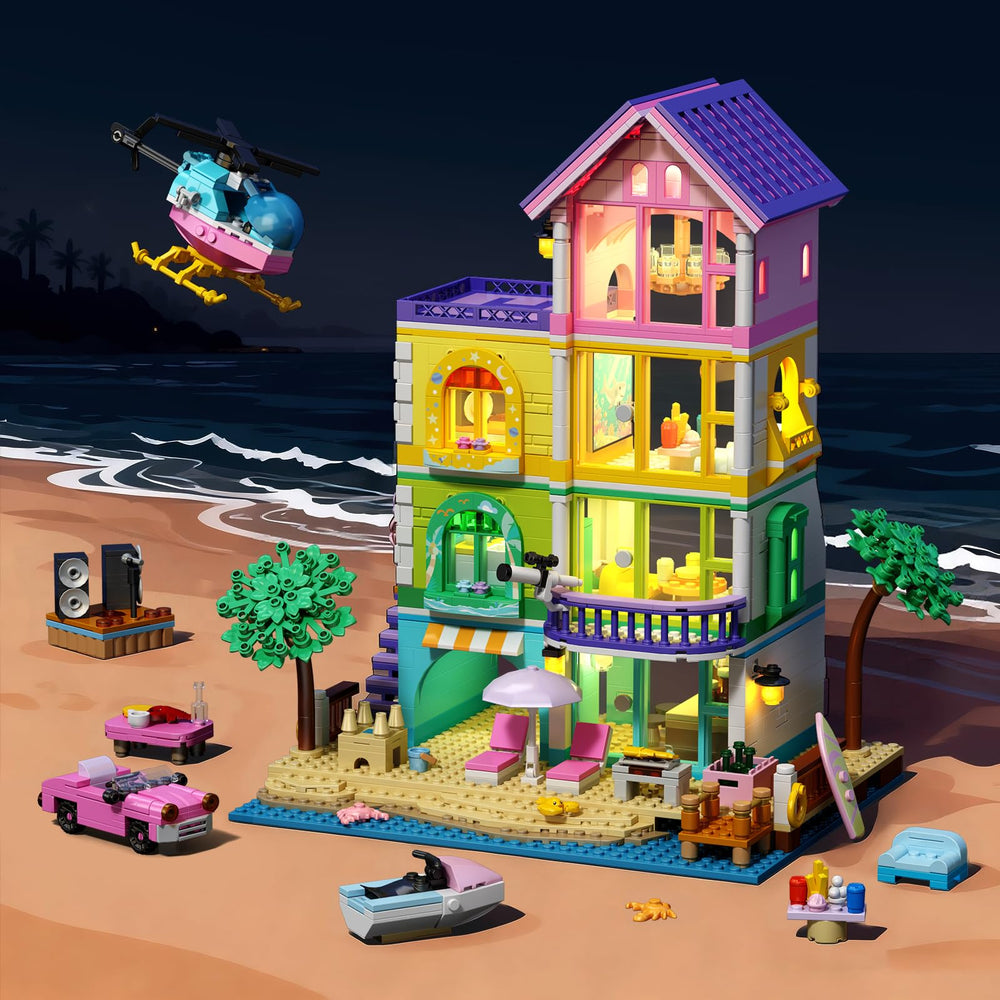 ONIMISC Beach House Building Set four-floor villa with realistic interiors.