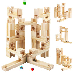 Onshine wooden marble run with 60 pieces for creative building and fine motor practice.