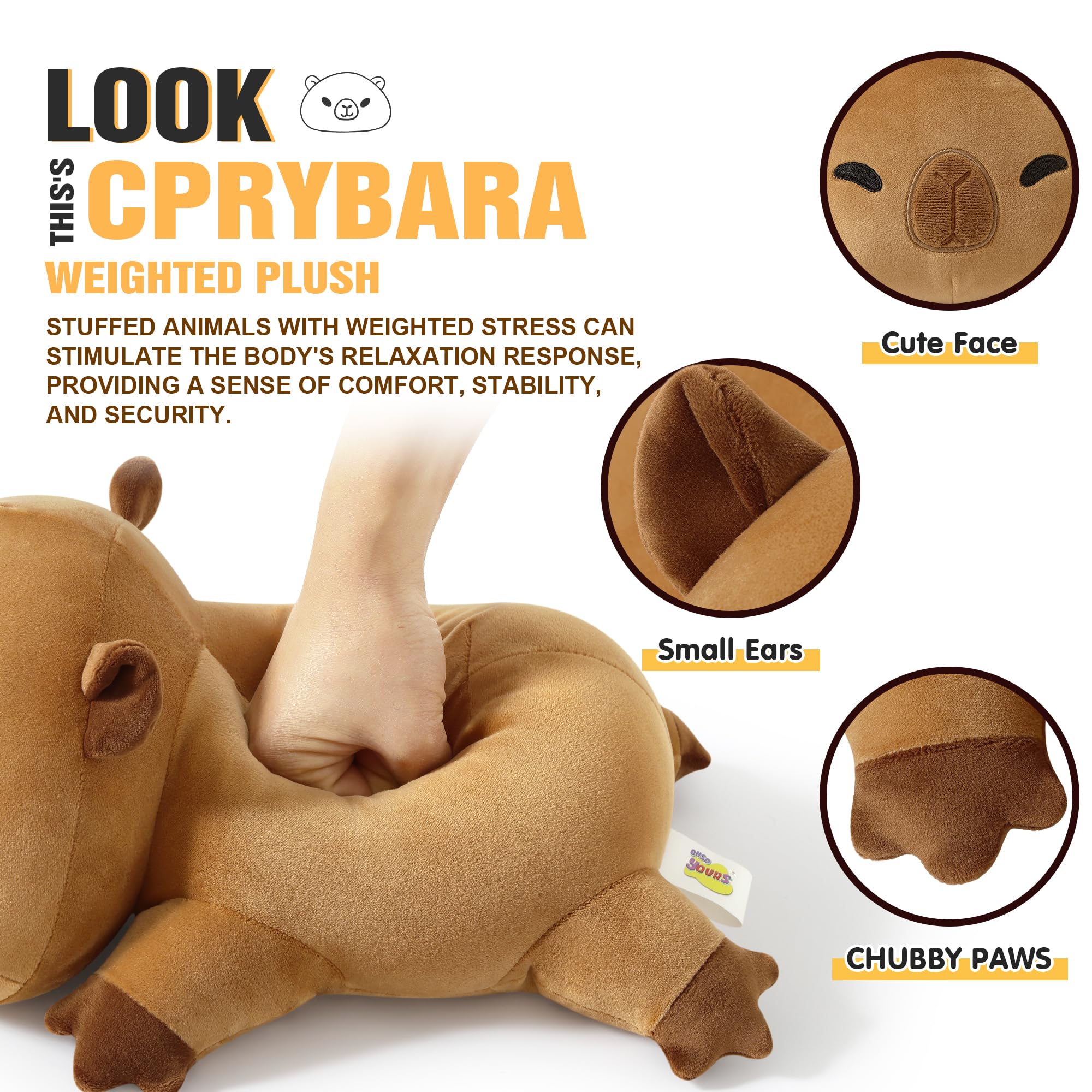 Onsoyours capybara plush close-up shows durable soft fur for everyday cuddles.