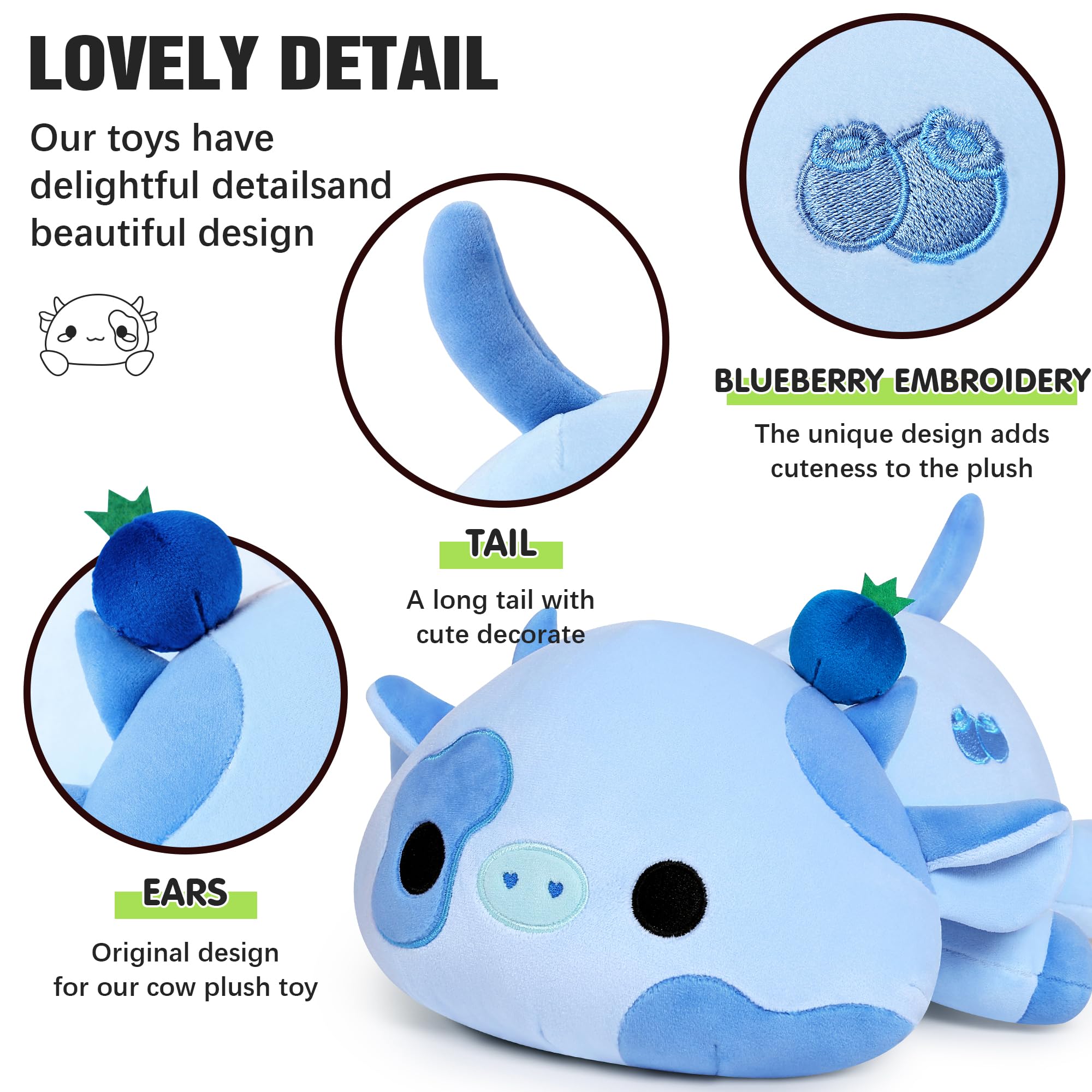 Onsoyours Blueberry Cow plush side view showing soft profile.
