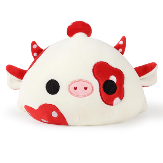 Onsoyours red mushroom cow closeup highlights soft fabric and inviting texture for playtime.