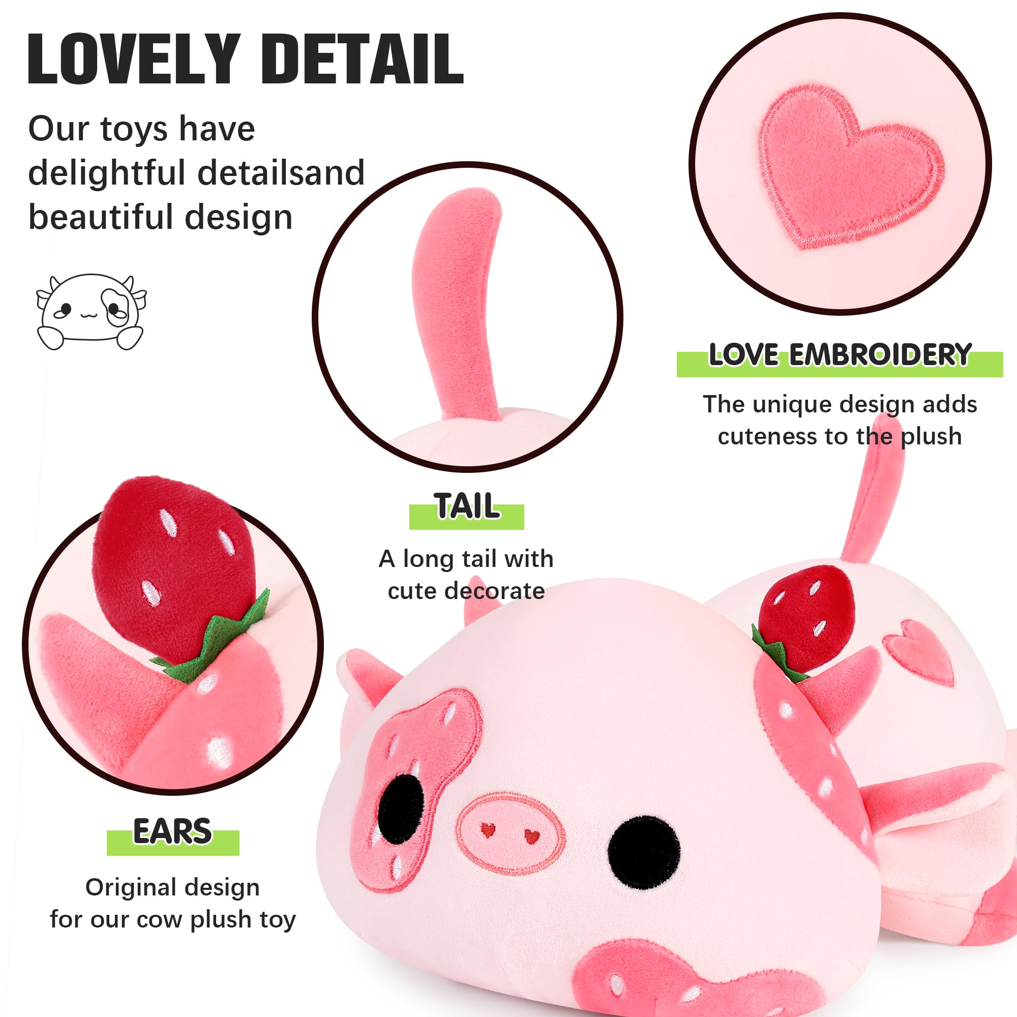 Onsoyours Strawberry Love Cow Pillow perfect for kids' bedtime hugs.