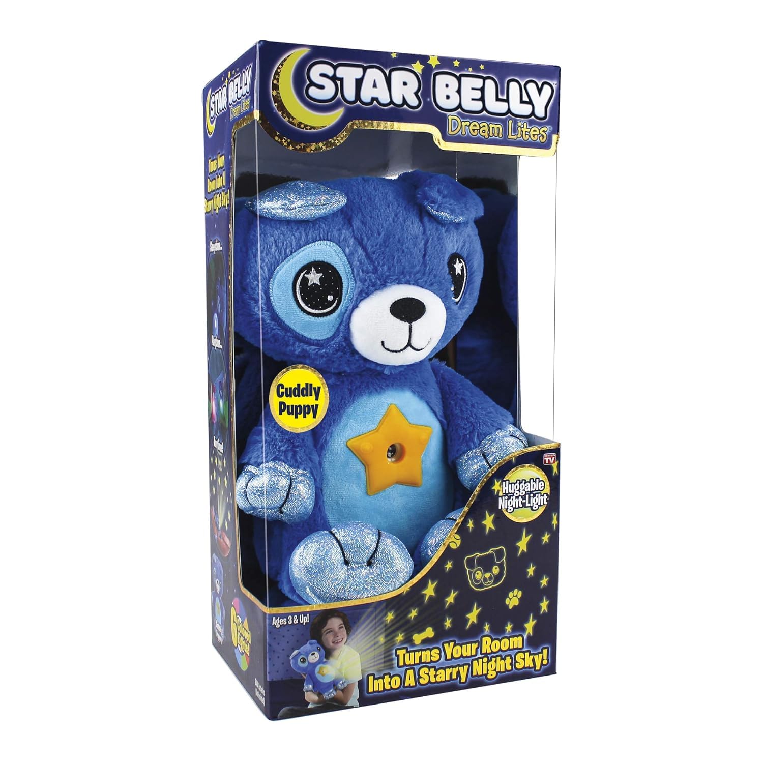 Ontel Star Belly Dream Lites blue puppy glows softly to aid bedtime routines.