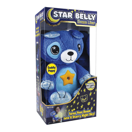 Ontel Star Belly Dream Lites blue puppy glows softly to aid bedtime routines.