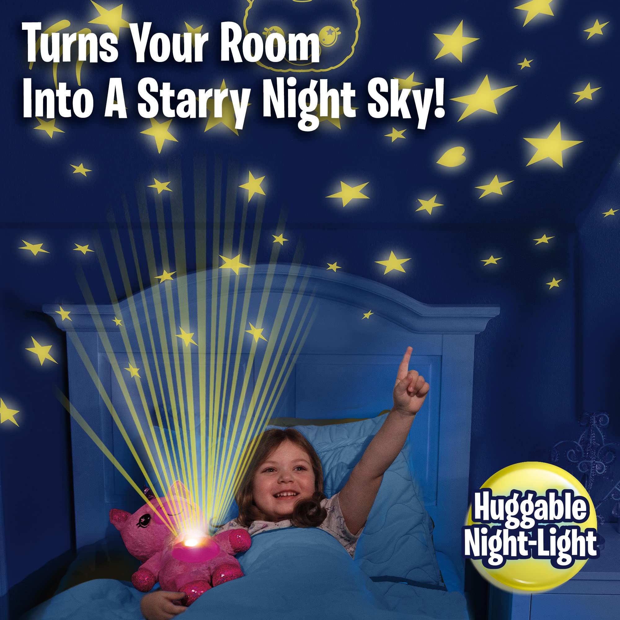 Press the unicorn belly to change colors during bedtime routines.