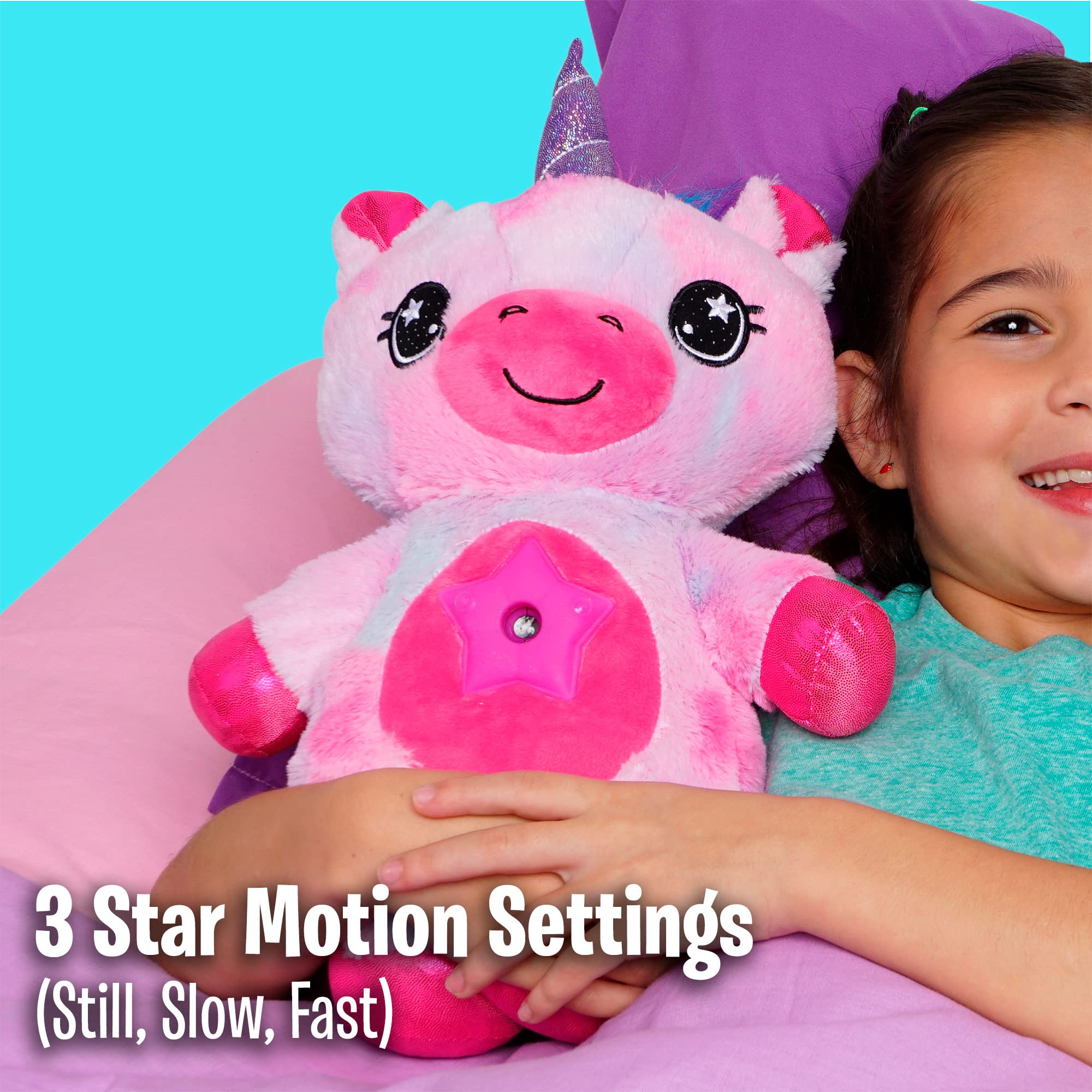 Glow shapes drift slowly across walls for a calm atmosphere.