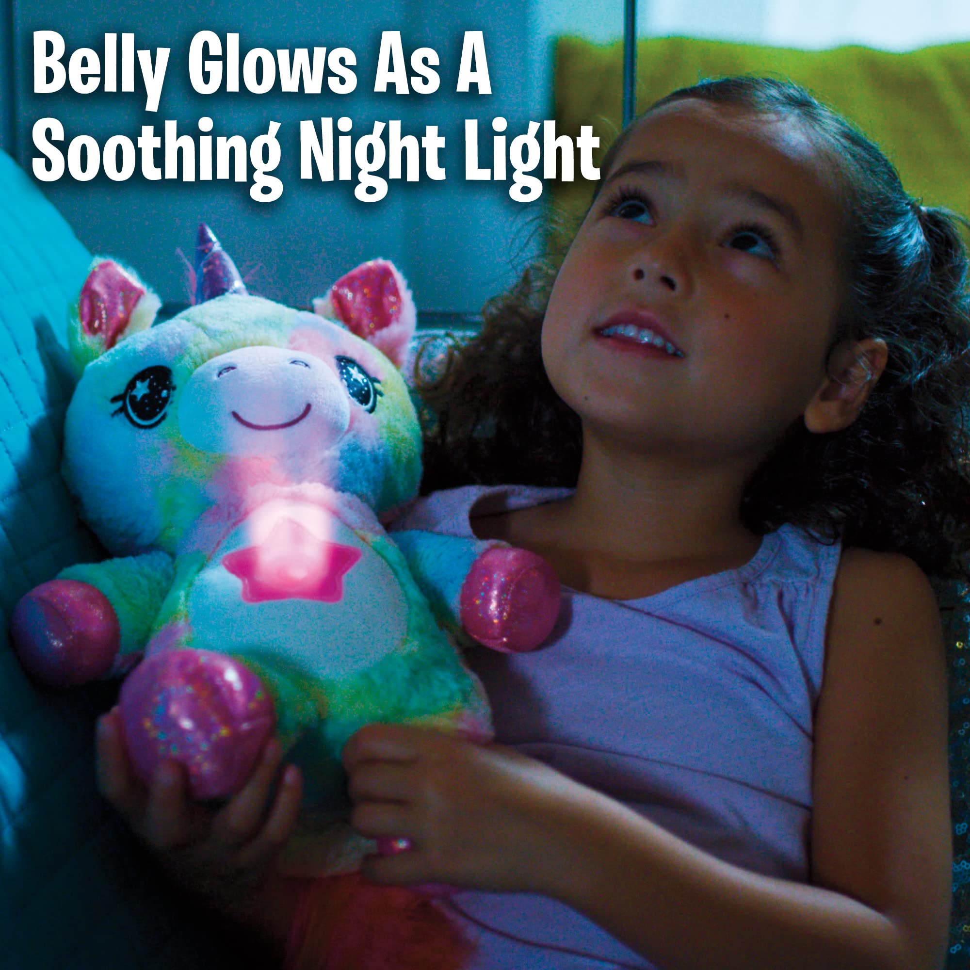 Soft plush unicorn offers a comforting bedtime buddy.