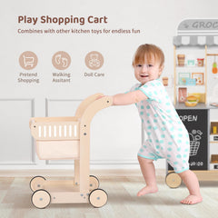 OOOK Kids shopping cart wooden design boosts imaginative play.