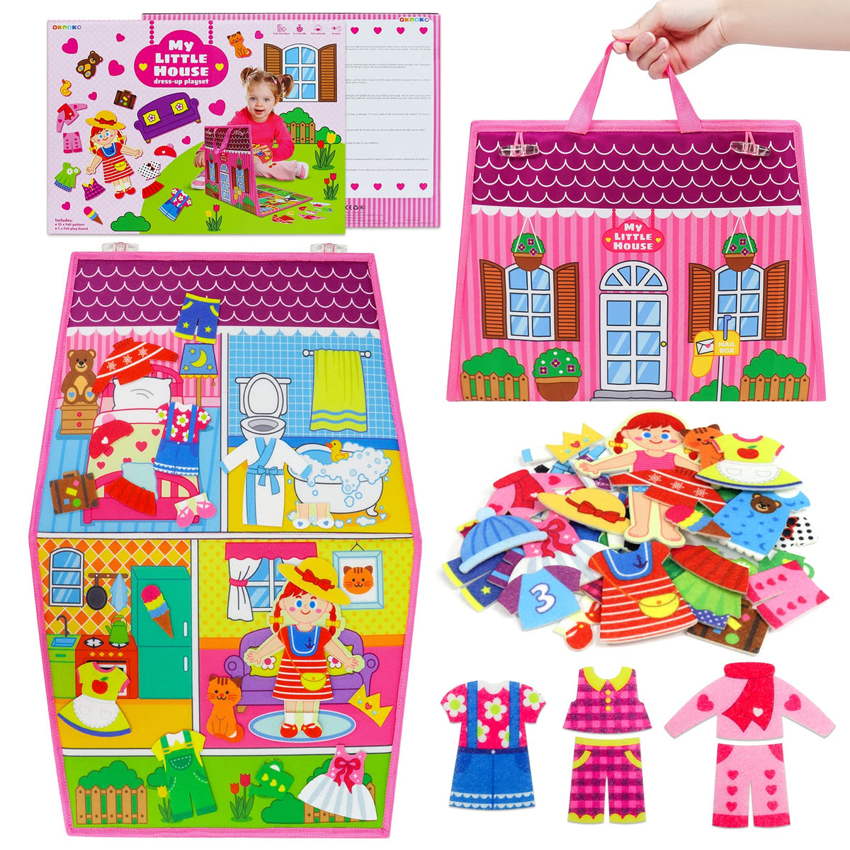 OKOOKO dress up house felt board front view with colorful outfits for storytelling.