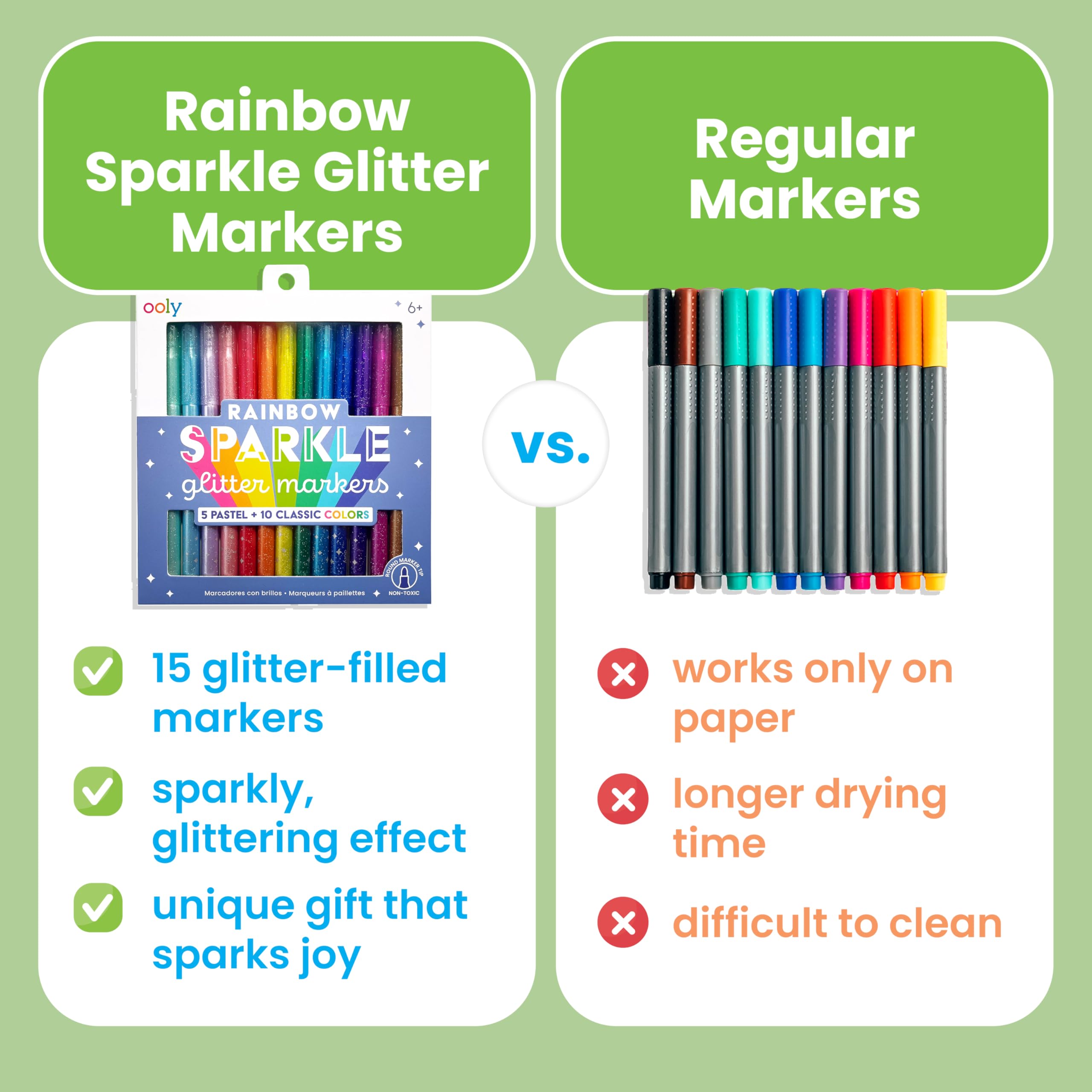 Ooly 2mm nib glitter markers demonstrating smooth, medium-width lines for outlining and shading.