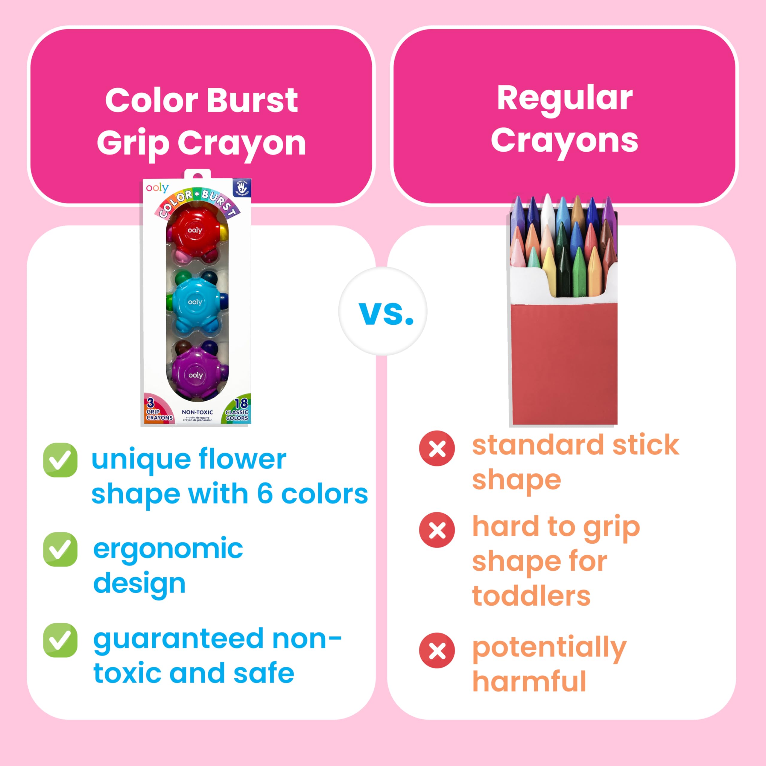 Ooly Color Burst Grip Crayons display 18 colors across petals for shading.