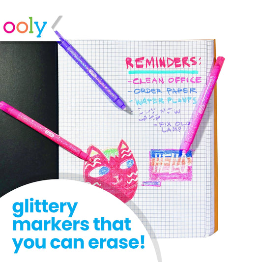 Close-up of Ooly glitter 12-color erasable markers showing vibrant ink options