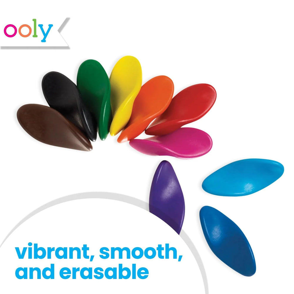 Ooly no-rolling crayons staying put on a desk to reduce spills