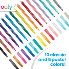 Ooly Rainbow Sparkle markers color swatches showing classic and pastel shades for versatile crafts.