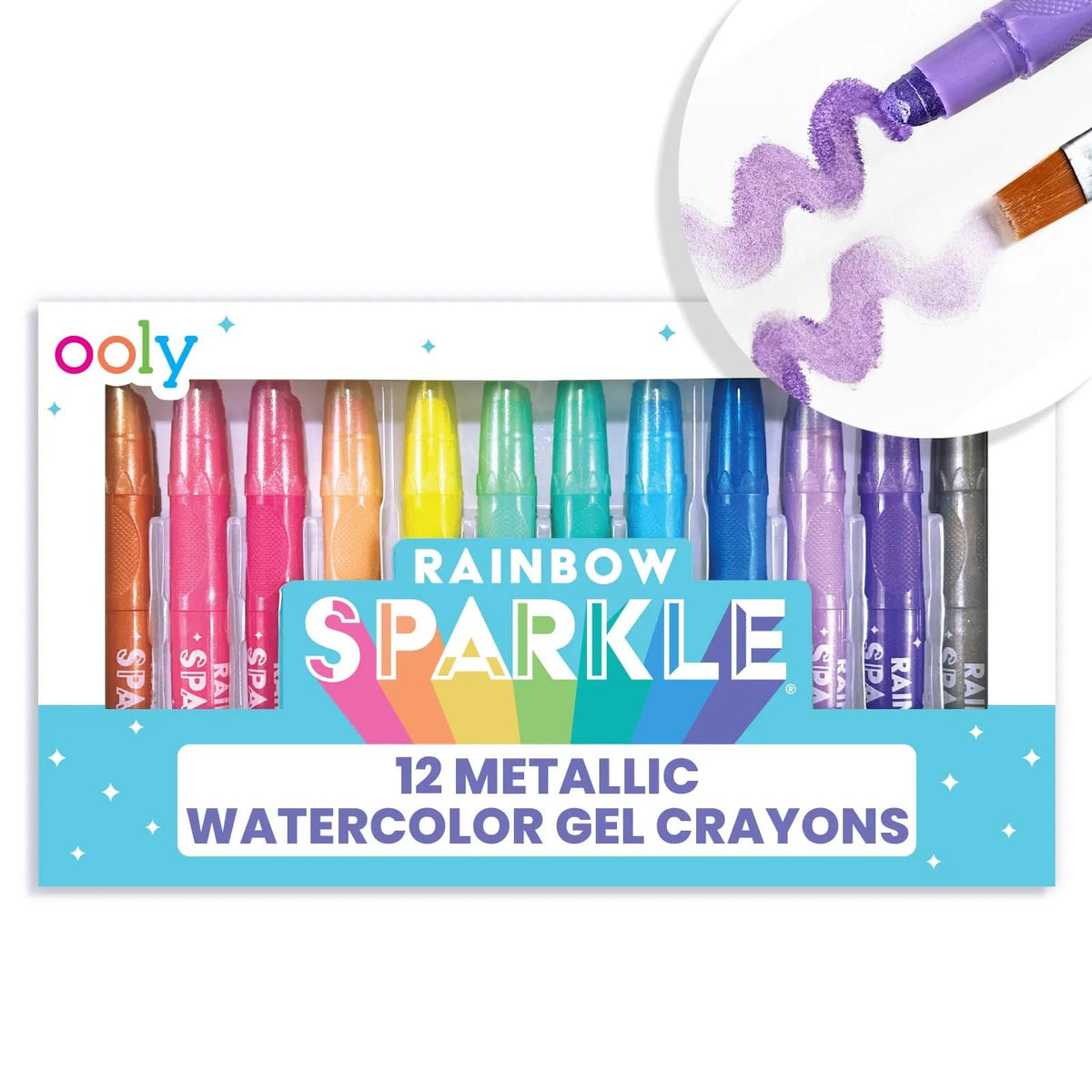 Ooly Rainbow Sparkle Metallic Gel Crayons 12-pack on paper highlighting bold shimmer