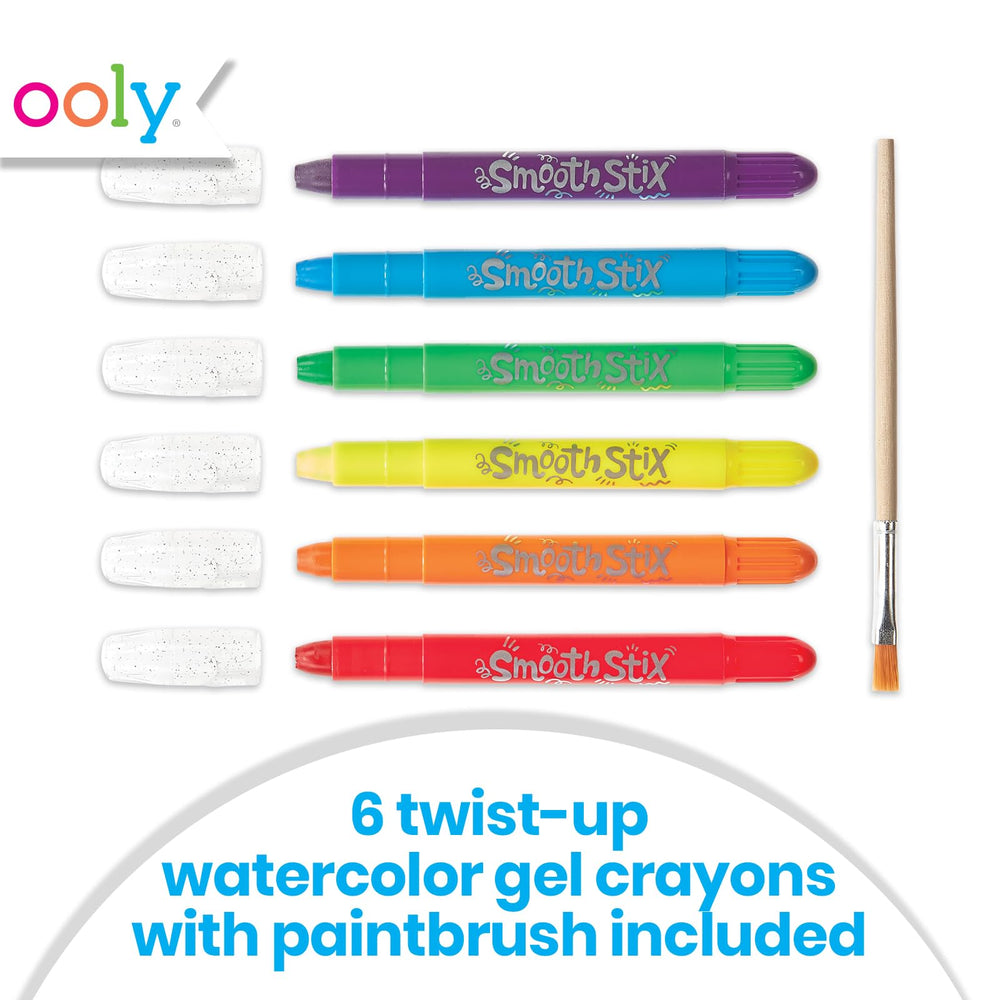Ooly Smooth Stix gel crayons on glass show bold color and crisp lines.
