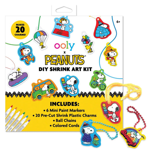 Ooly Snoopy shrinking art kit with 34 pieces for quick, mess-free crafting fun.