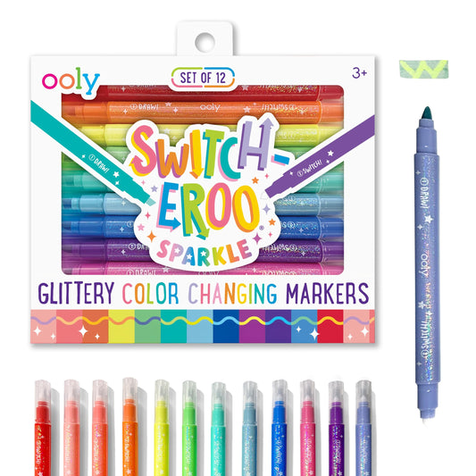 Ooly Sparkle Switch-eroo markers with color-changing glitter ink for kids' art projects.