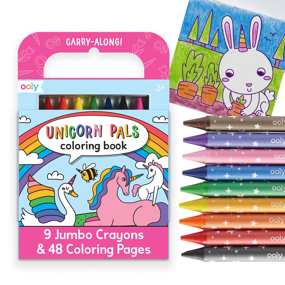 Ooly Travel Art Kit contents shown with crayons, pages, and case for easy travel.