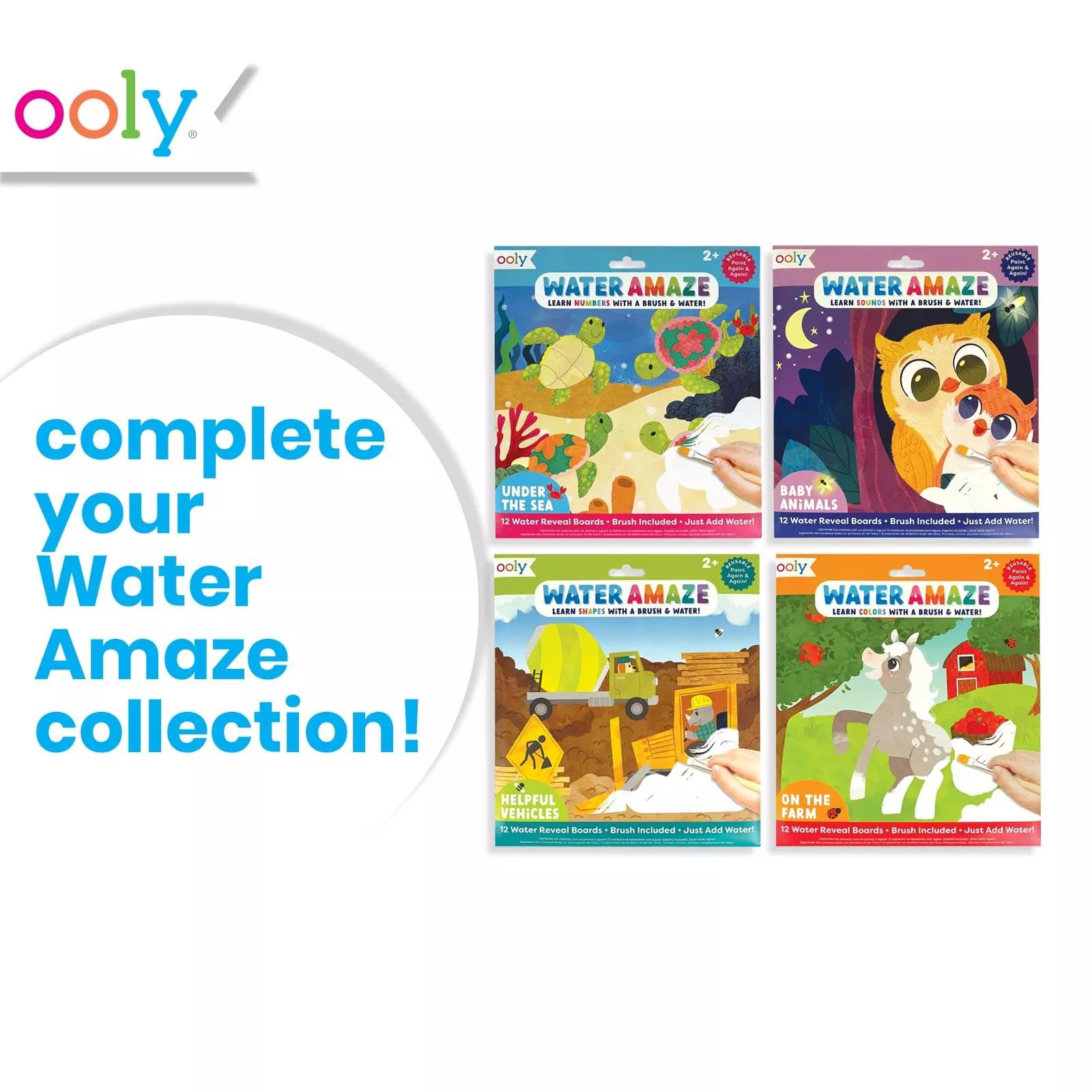 Ooly Water Amaze shows four themes: Helpful Vehicles, On the Farm, Baby Animals, Under the Sea