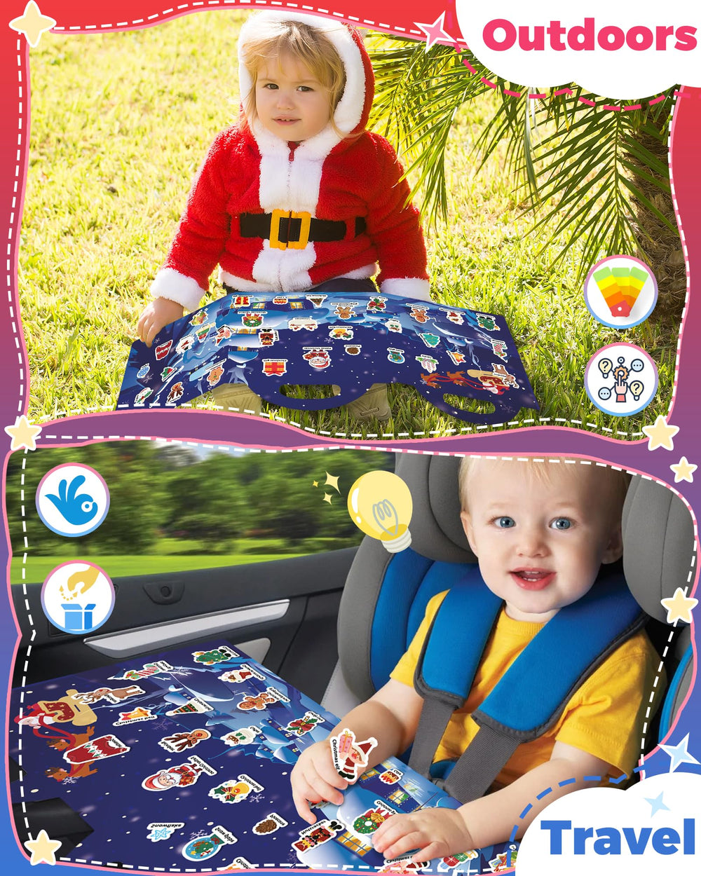 Oomloid Christmas sticker close-up on waterproof PVC material for durable, reusable play