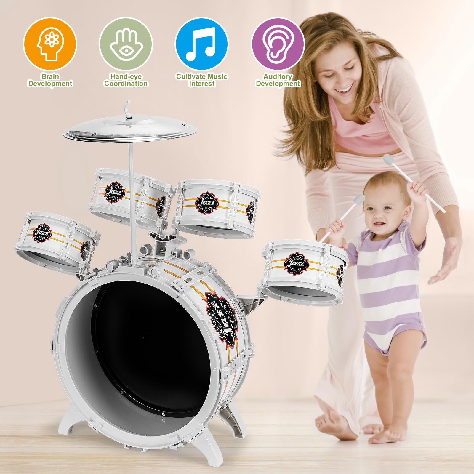 OoneWiser Kids Drum Set assembled on a child-sized stool for safe play.