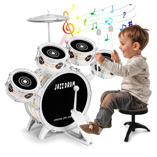 OoneWiser Kids Drum Set front view for toddlers with five drums and cymbal.