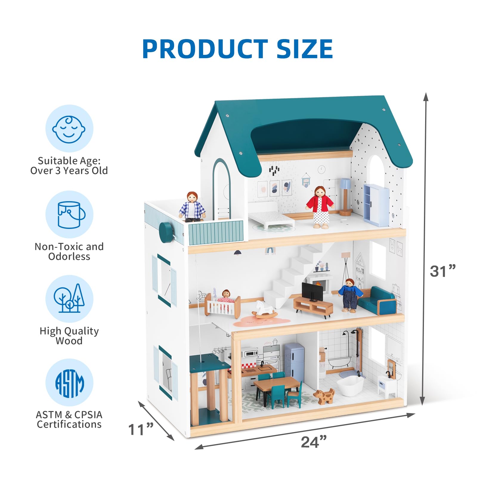 OOOK wooden dollhouse bathroom featuring opening sink and toilet for daily routines.
