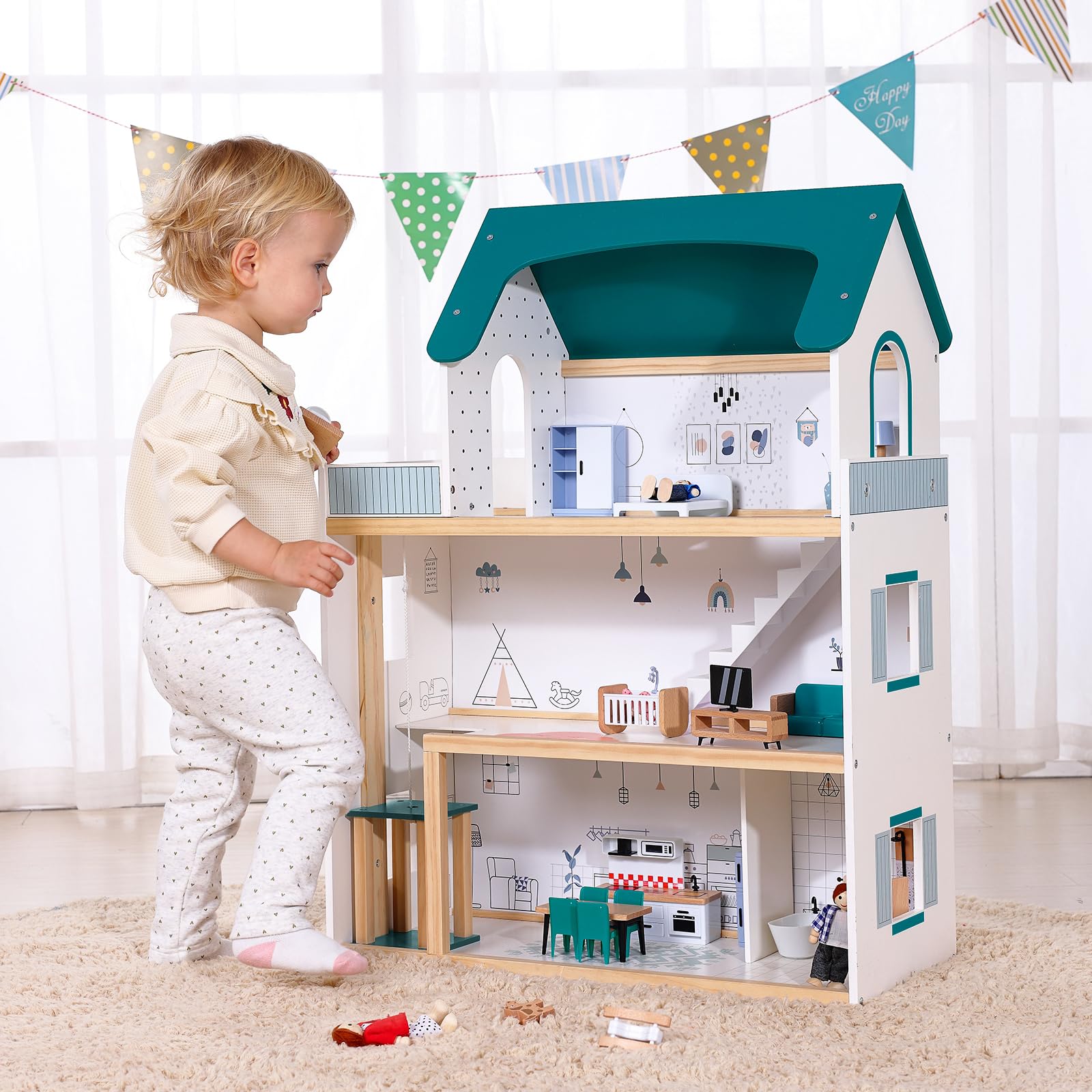OOOK wooden dollhouse living room with interactive furniture for storytelling.