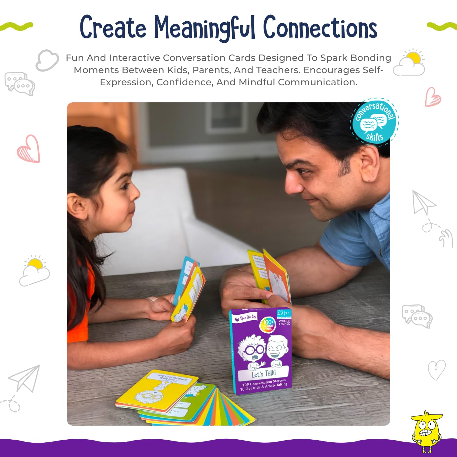 Open The Joy conversation cards spread showing double-sided prompts for storytelling.