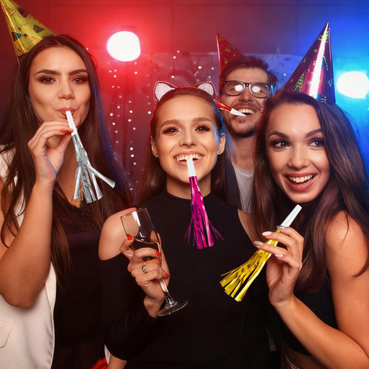 Openfly fringed metallic noisemakers closeup for bright party vibes
