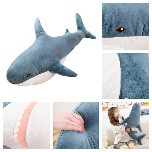 OPHRBU blue shark plush pillow offers soft reading support.