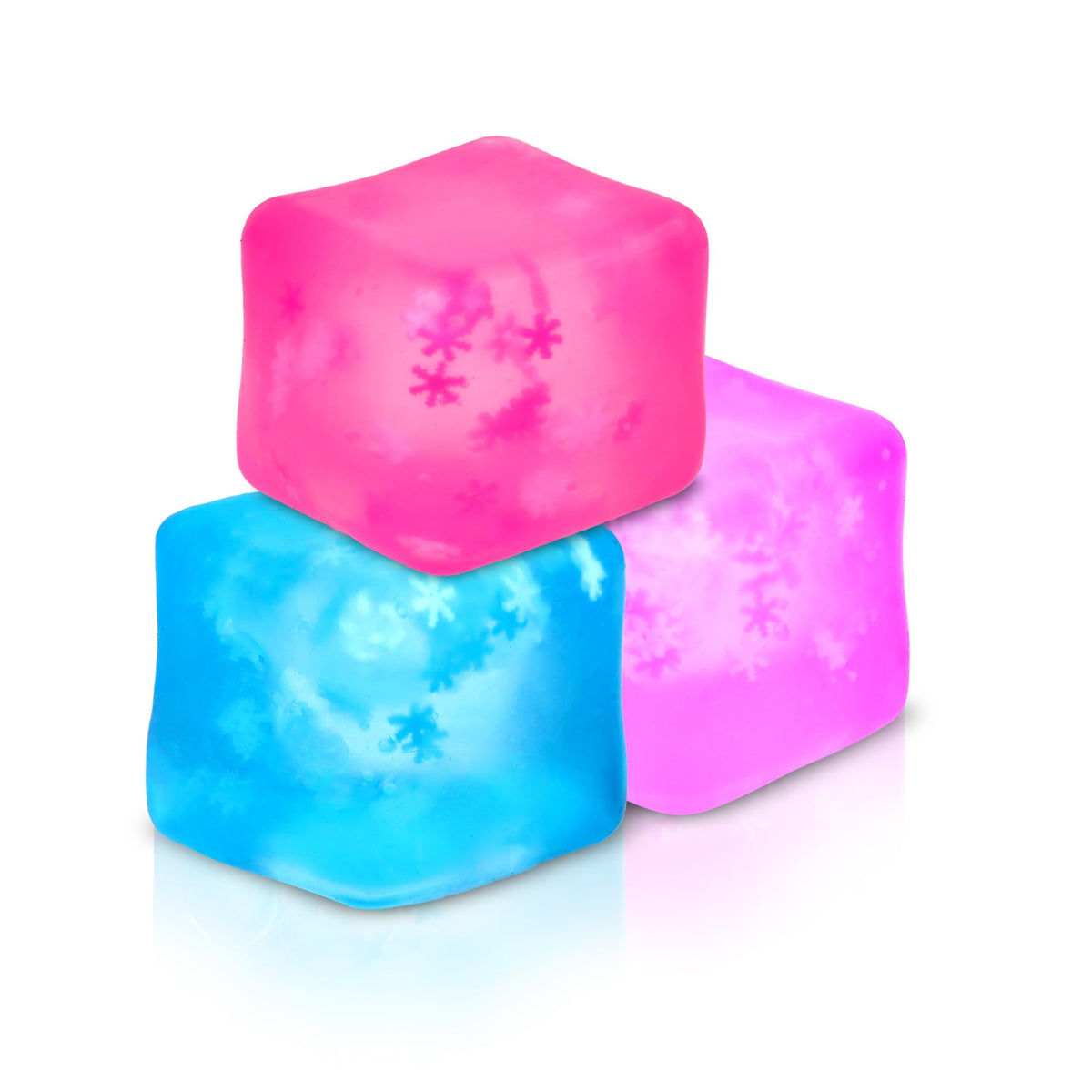 Opllsai snowflake-inside stress cube 3-pack on desk, silent focus aid.