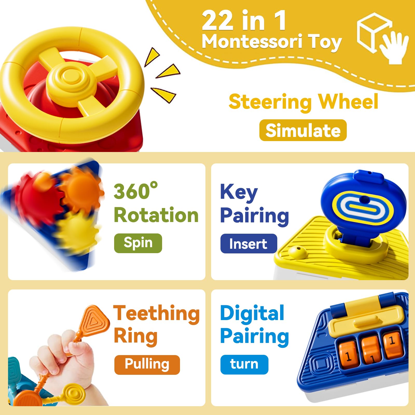 Oppvoci Busy Board steering wheel supports hand-eye coordination during activities.