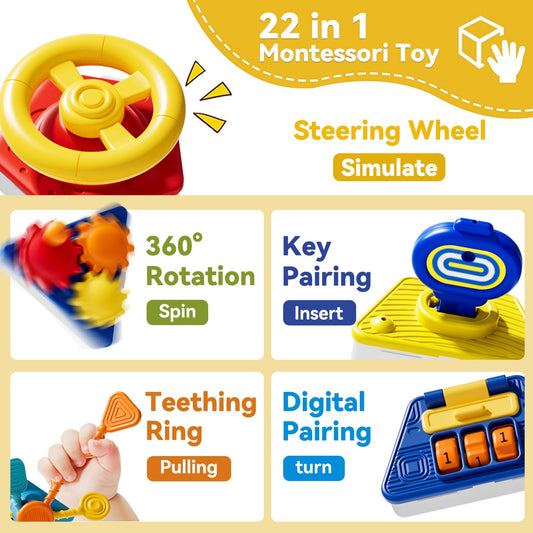 Oppvoci Busy Board steering wheel supports hand-eye coordination during activities.