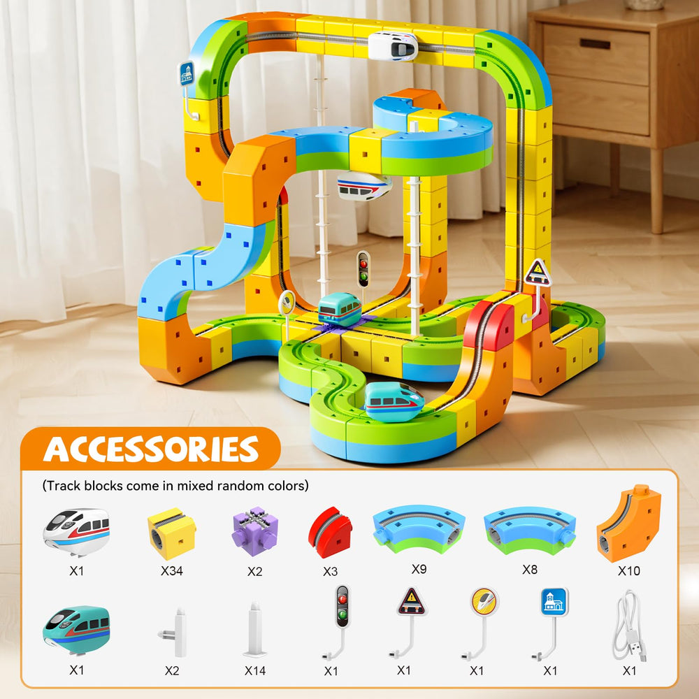 Oppvoci flexible tracks form bridges and curves for endless play possibilities.