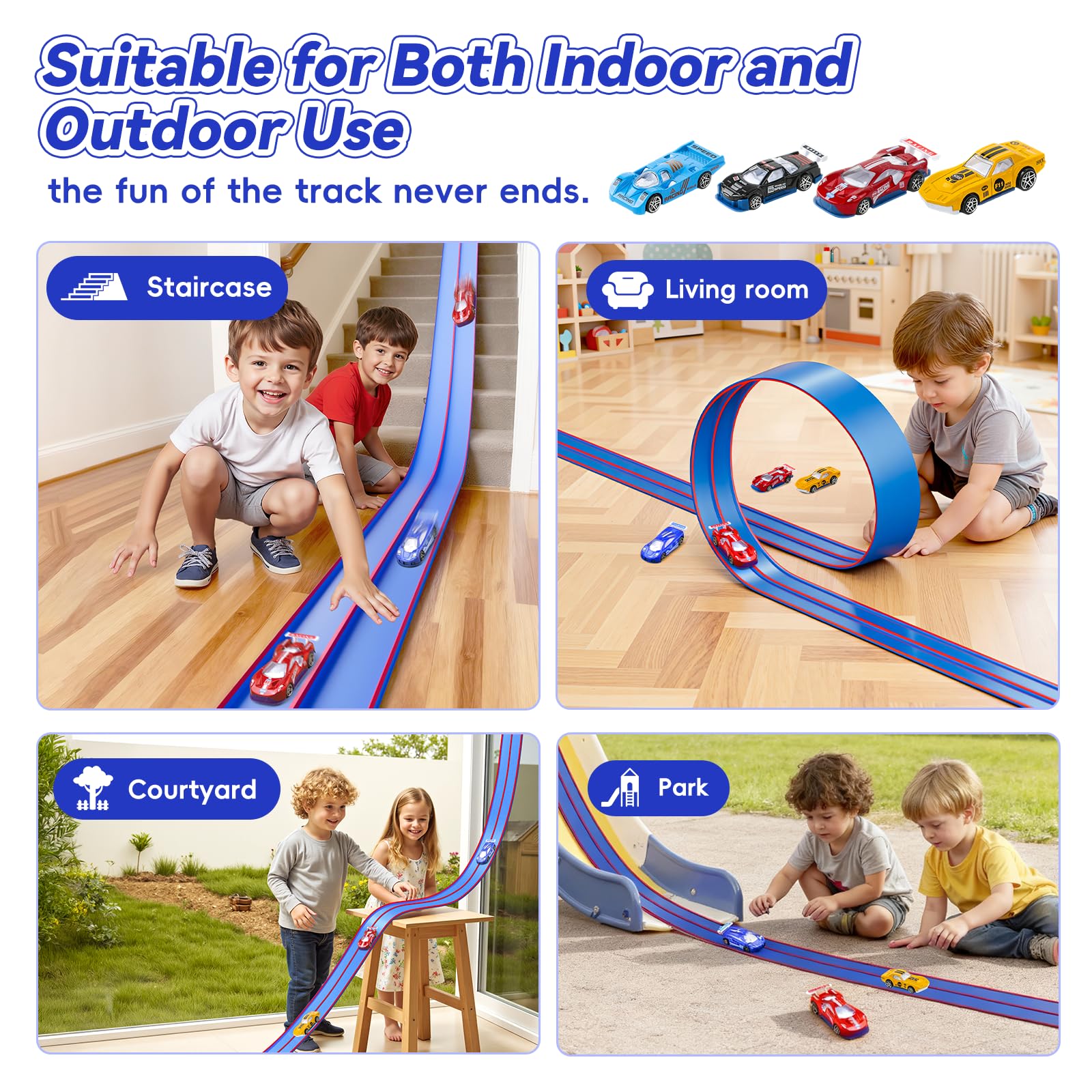 Oppvoci suction cups secure the track to a smooth surface for stable play.
