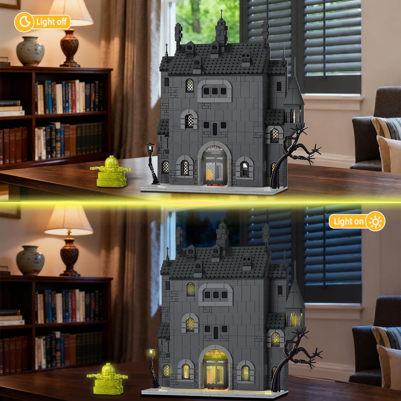 OQMI Haunted House living room detail showcases pianos and furniture for imaginative play.