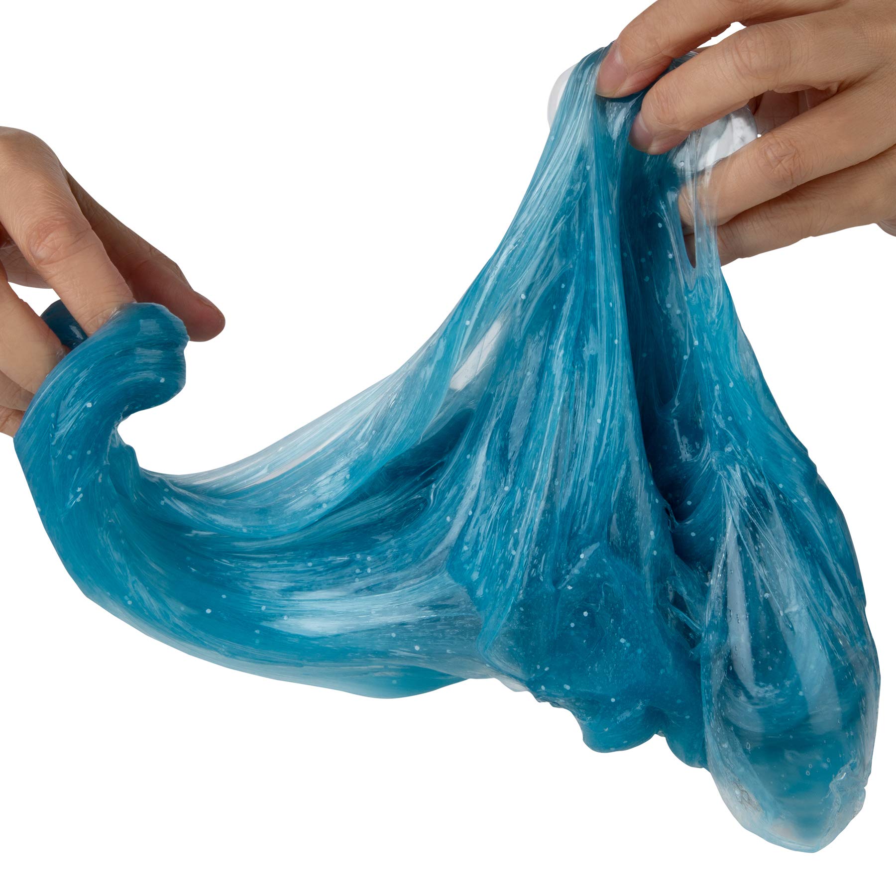The Orb Factory Hawkins Goo Blue in hand demonstrates stretchy, oozing fun.