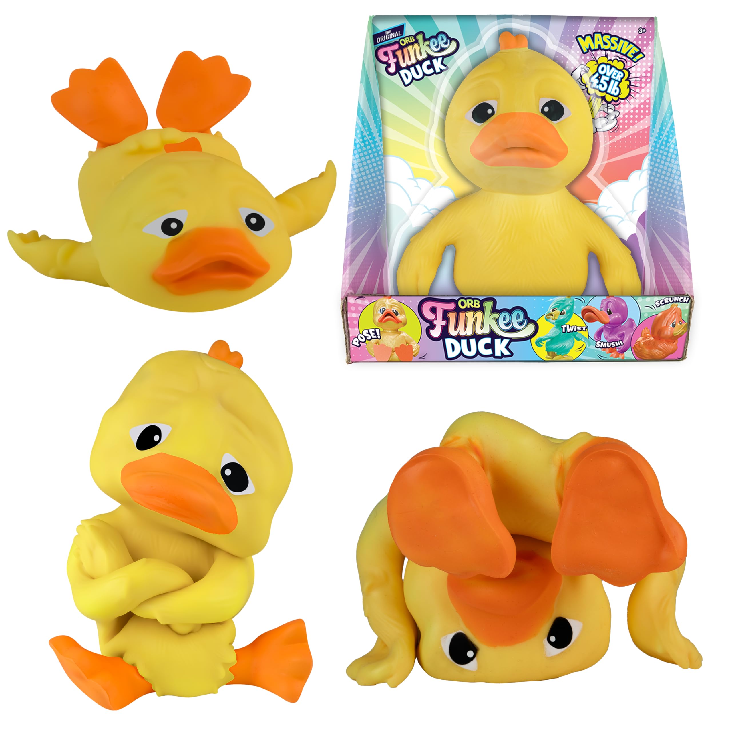The Orb Funkee Duck, giant and stretchy, ideal for stress relief and play.