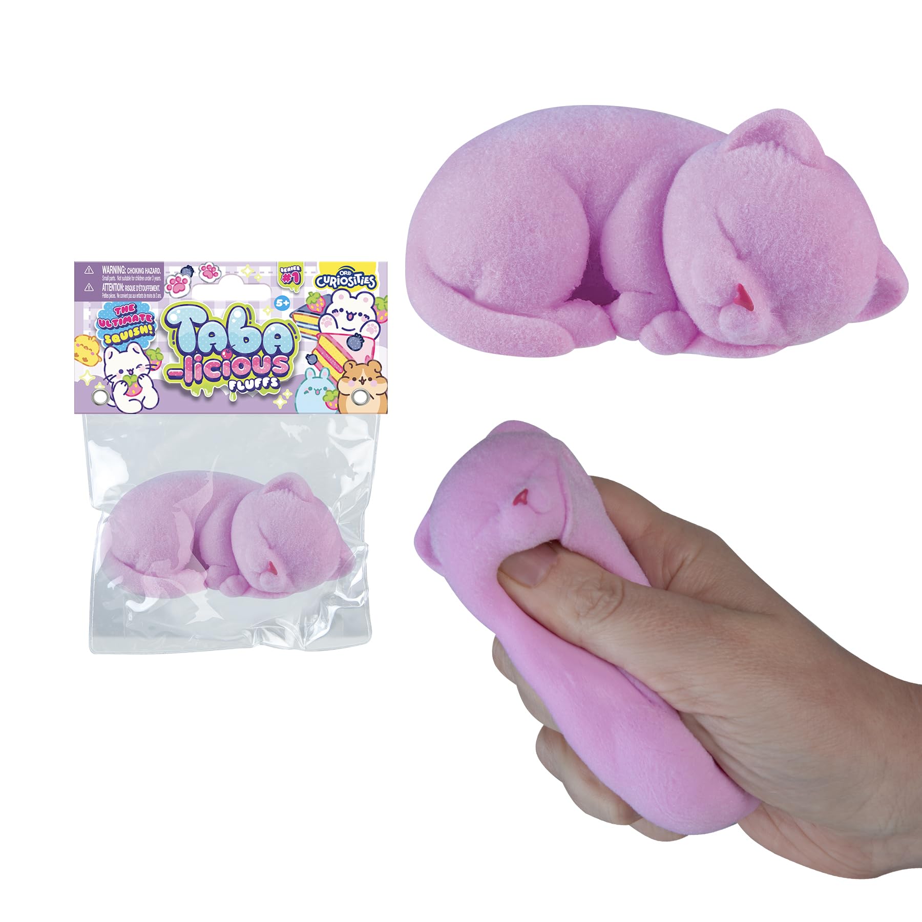 ORB Tabalicious Fluffs Pink Cat squishy with flocked fur for soothing tactile fun.