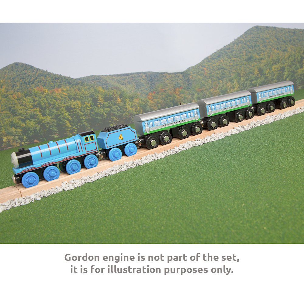 Large wooden express coach close-up shows robust magnets for easy magnet-to-magnet connections, great with compatible brands.